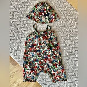 Bonpoint Flower Patterned Romper Dress with Hat 12mo